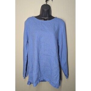 Flax Small Blue 100% Linen Long Sleeve Tunic Top Women's EUC